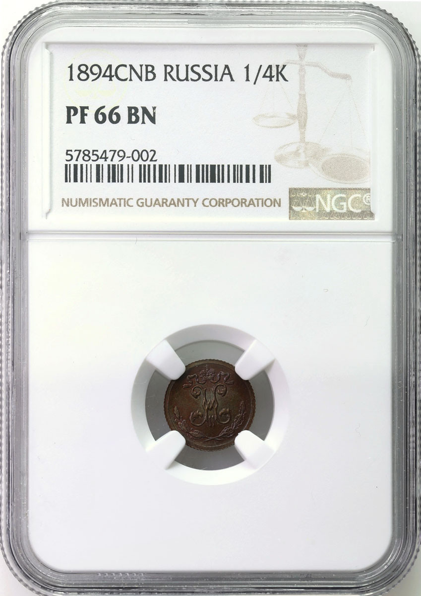 Mikołaj II. 1/4 kopiejki 1894, Birmingham NGC PF66 BN (MAX) - RZADKOŚĆ – STEMPEL LUSTRZANY